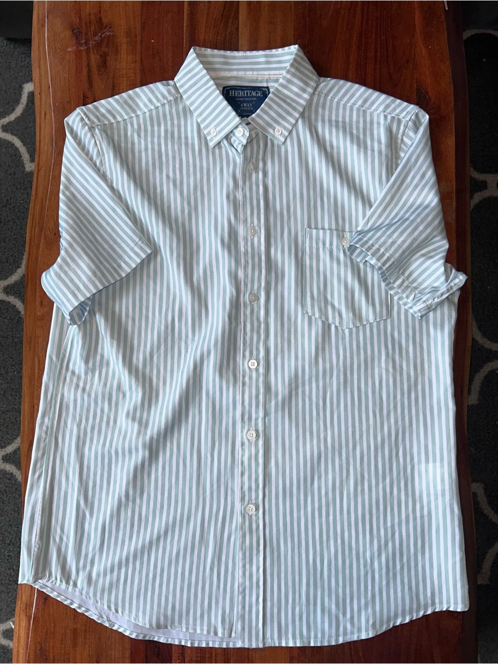 Heritage Green & White Vertical Striped Men’s Short Sleeve Dress Shirt Large